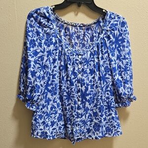 Cynthia Steffe Blue and White Floral Button-Front Blouse